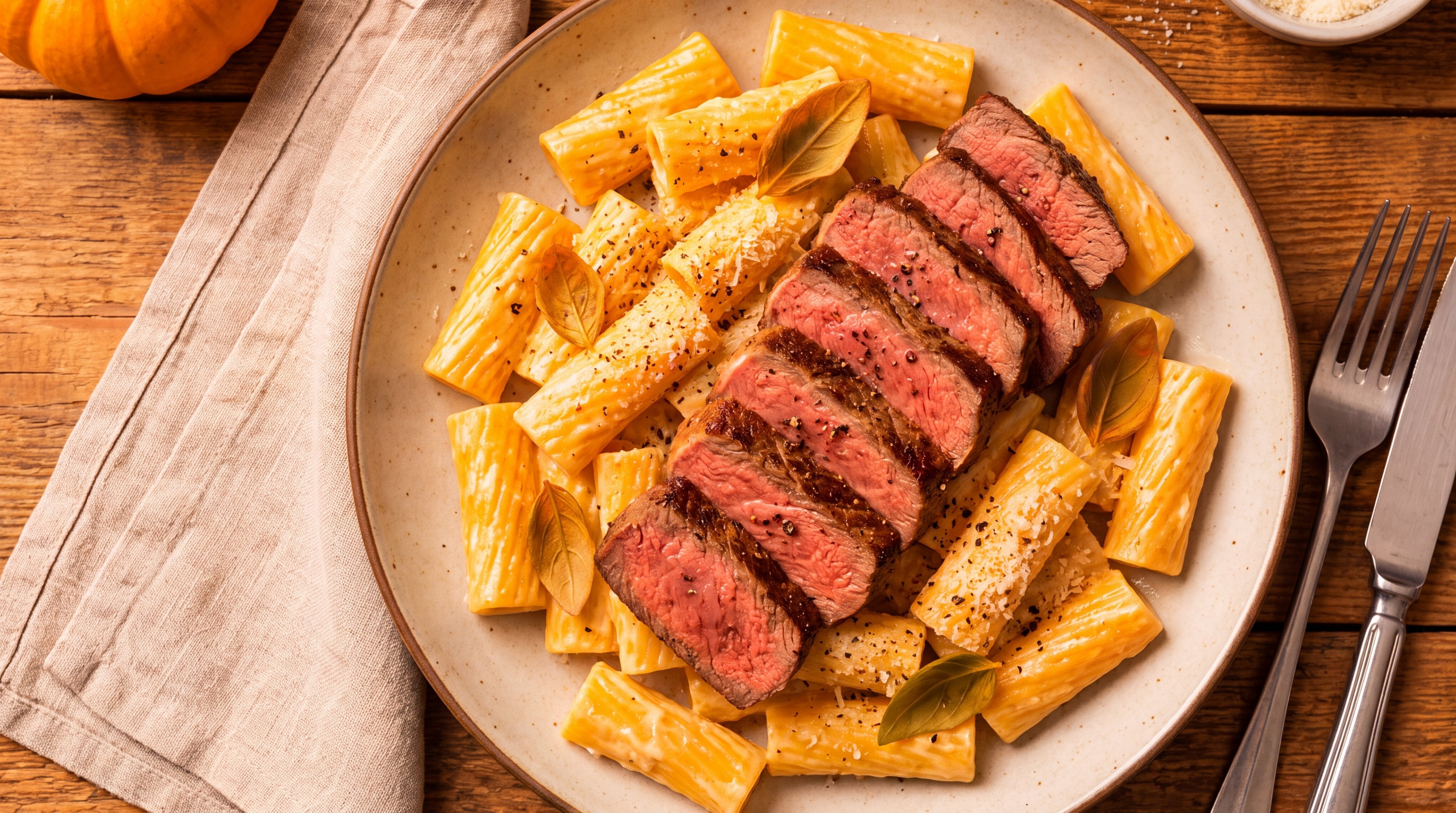 Sliced steak with pasta and basil